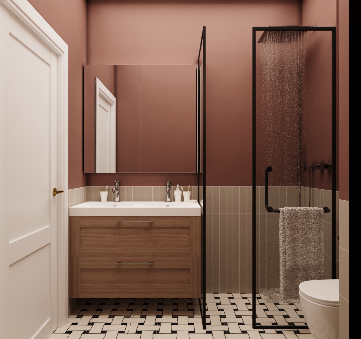 Toprak tonlu duvarlar ve yağmur duşlu tasarım banyo